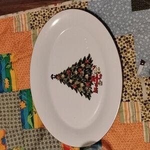 Vintage White Large Oval Christmas Gold Trimmed Serving Platter